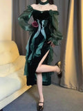 Green Strapless Velvet Ruffle Vintage Split Tea Break Dresses HZ1024