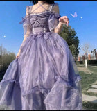 Purple Straps Strapless Lace Tulle Bow Long Dresses HZ1024