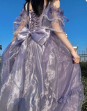 Purple Straps Strapless Lace Tulle Bow Long Dresses HZ1024