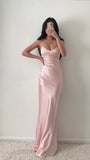 Pink A-Line Spaghetti Strap Simple Satin Long Prom Dresses HZ1024