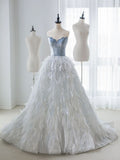 Light Blue A-Line Sheath Strapless Feather Floor Length Prom Dress HZ1024
