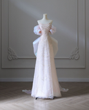 Pink A-Line Sheath Strapless Beaded Tulle Bow Long Prom Dresses HZ1024