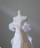 Pink A-Line Sheath Strapless Beaded Tulle Bow Long Prom Dresses HZ1024