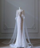 Pink Mermaid Round Neck Long Sleeve Beaded Tulle Long Prom Dresses HZ1024