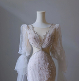 Pink Mermaid Round Neck Long Sleeve Beaded Tulle Long Prom Dresses HZ1024