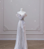 Gray A-Line Strapless Tulle Sequin Long Ball Gowns HZ1024