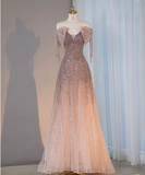 Pink A-Line Strapless Sequined Tulle Long Prom Dresses HZ1024