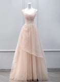 Tulle Beaded Straps Long Prom Dress, A-line Tulle Party Dress HZ1024