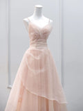 Tulle Beaded Straps Long Prom Dress, A-line Tulle Party Dress HZ1024
