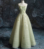 Green A-Line Sheath Strapless 3D Floral Tulle Long Prom Dresses HZ1024