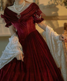 Burgundy A-Line V-Neck Velvet Vintage Long Prom Dresses HZ1024