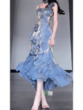 Chic Tailored Spaghetti Straps Blue 3D Flower Long Gowns HZ1024
