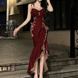 Burgundy Spaghetti Strap Heart Neck High Low Irregular Hem Dress HZ1024