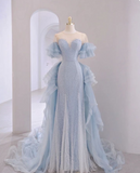 Blue A-Line Round Neck Short Sleeve Tulle Beaded Floor Length Prom Dresses HZ1024