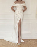 Ivory One Neck Strapless Simple Satin Split Long Prom Dresses HZ1024