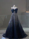 Navy A-Line Spaghetti Strap Heart Neck Sequined Tulle Long Prom Dresses HZ1024