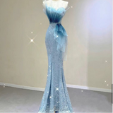 Blue Mermaid Heart Neck Sequin Long Ball Gowns HZ1024