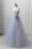 Light Blue A-Line Sheath Strapless Tulle Long Prom Dresses HZ1024