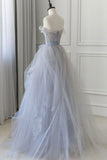 Light Blue A-Line Sheath Strapless Tulle Long Prom Dresses HZ1024