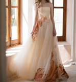 Champagne A-Line Sheath Strapless Tulle Long Prom Dresses HZ1024