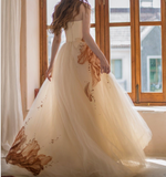 Champagne A-Line Sheath Strapless Tulle Long Prom Dresses HZ1024