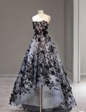 Black A-Line High Low Strapless Strapless Tulle Long Prom Dresses HZ1024