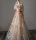 Champagne A-Line Strapless 3D Floral Tulle Long Prom Dresses HZ1024