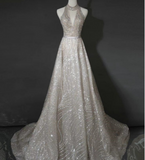 Silver A-Line Neckline Strapless Sequins Trailing Prom Dress Wedding HZ1024