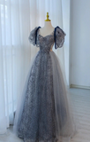 Black A-Line Short Sleeve Lace Long Prom Dresses HZ1024