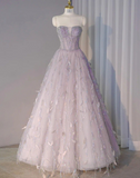 Charming Color Purple A-Line Strapless Heart Neck Tulle Long Prom Dresses HZ1024