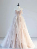 Off Shoulder Tulle Lace Long Prom Dress, Champagne Formal Dress HZ1024
