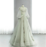 Green A-Line High Neck Long Sleeve Backless Tulle Long Prom Dresses HZ1024