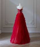 Burgundy A-Line Heart Neck Strapless Tulle Beaded Long Prom Dresses HZ1024