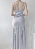 Gray Simple Mermaid V-Neck Spaghetti Strap Ankle Length Gowns HZ1024