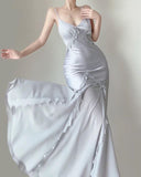 Gray Simple Mermaid V-Neck Spaghetti Strap Ankle Length Gowns HZ1024