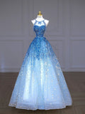 Jewel Blue A-Line Round Neck Sleeveless Sequins Glitter Tulle Long Prom Dresses HZ1024