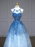 Jewel Blue A-Line Round Neck Sleeveless Sequins Glitter Tulle Long Prom Dresses HZ1024