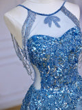 Jewel Blue A-Line Round Neck Sleeveless Sequins Glitter Tulle Long Prom Dresses HZ1024