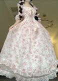Sweet and Cute Pink A-Line Strapless Small Floral Tulle Long Dresses HZ1024