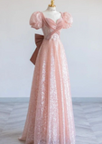 Pink A-Line Short Sleeve Sequin Bow Long Prom Dresses HZ1024