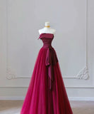 Chic Red A-Line Strapless Satin Tulle Long Prom Dresses HZ1024