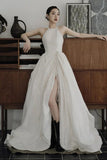 Ivory Satin Neckline High Slit Long Ball Gowns HZ1024