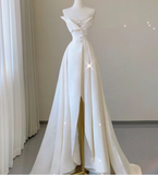 White A-Line Strapless Lace High Split Satin Long Prom Dresses HZ1024