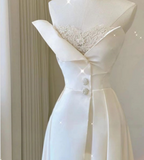 White A-Line Strapless Lace High Split Satin Long Prom Dresses HZ1024