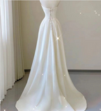 White A-Line Strapless Lace High Split Satin Long Prom Dresses HZ1024