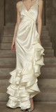 Ivory Mermaid Straps Backless V-Neck Satin Ruffle High Low Prom Dresses HZ1024