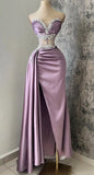 Purple Mermaid Heart Shaped Neck Strapless Beaded High Split Satin Long Prom Dress HZ1024
