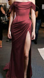 Burgundy Strapless Strapless Satin High Split Long Prom Dresses HZ1024