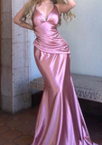 Sexy Pink Spaghetti Straps V-Neck Satin Backless Floor Length Prom Dresses HZ1024
