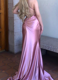 Sexy Pink Spaghetti Straps V-Neck Satin Backless Floor Length Prom Dresses HZ1024